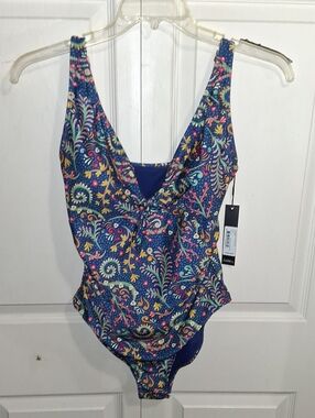 Nicole Miller Studio Colorful Paisley One-Piece Ruched Swimsuit - Navy Blue - M